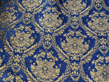 Damask Tapestry Chenille Fabric - Upholstery Fabric, 60" Width - Sold by The Yard (Dark Blue/Gold)