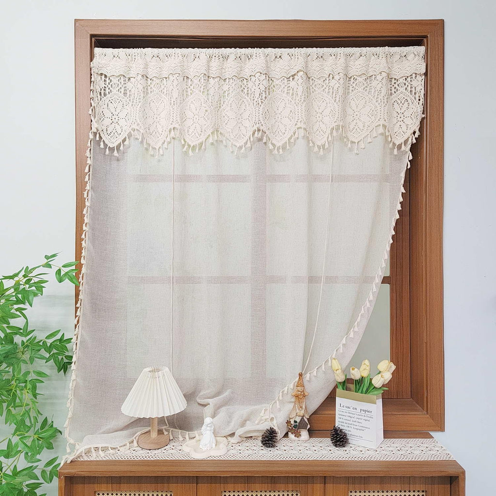 Boho Crochet Lace Tie Up Sheer Curtain Valance Windows
