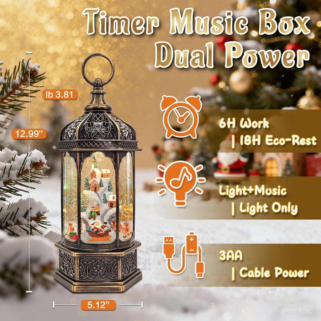 Lighted Musical Christmas Snow Globe Lantern, 12.99" Rotating Santa Village Scene with Swirling Snow, 8 Songs, 6H