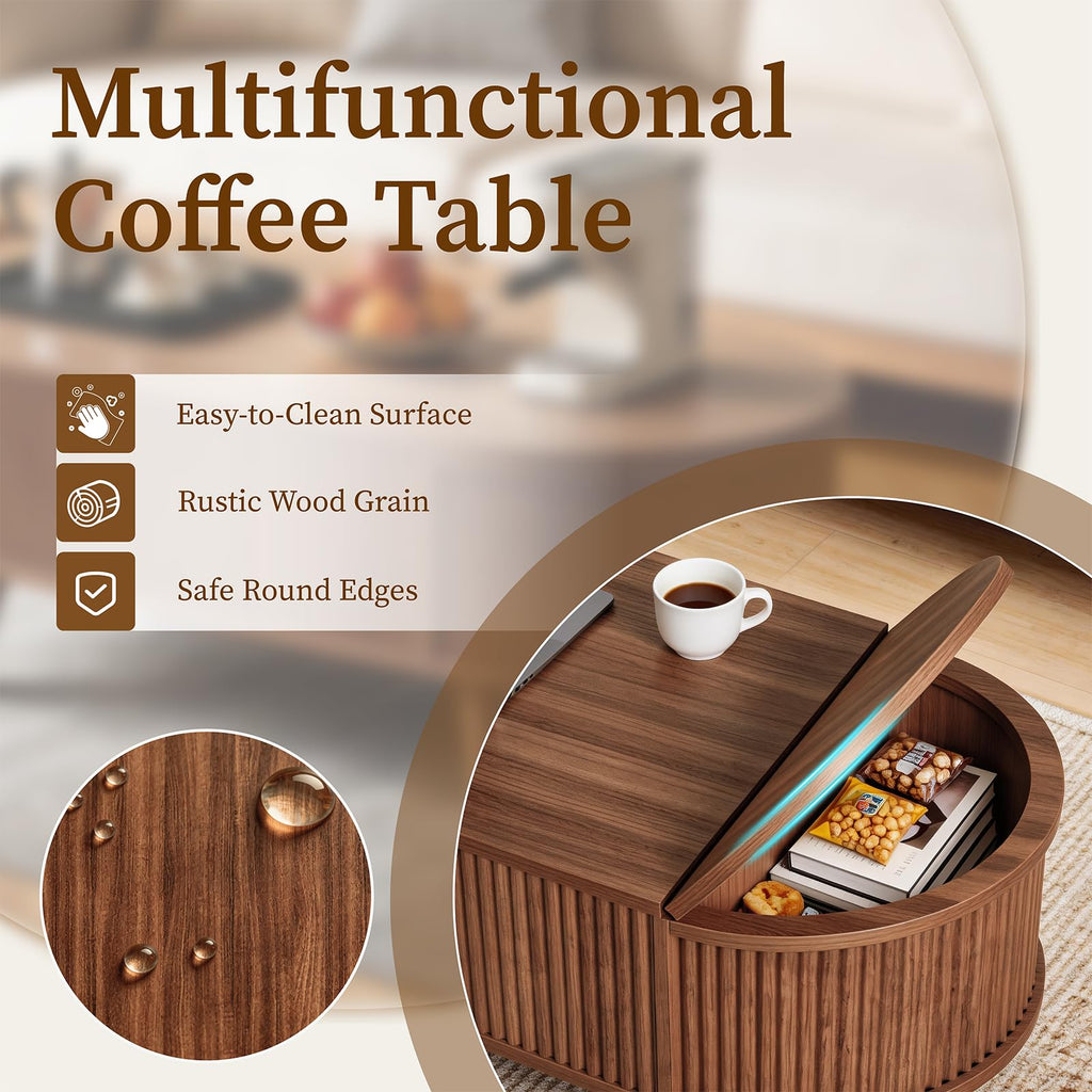 39.4" Oval Fluted Coffee Table with Lift Top, Hidden Storage, Walnut