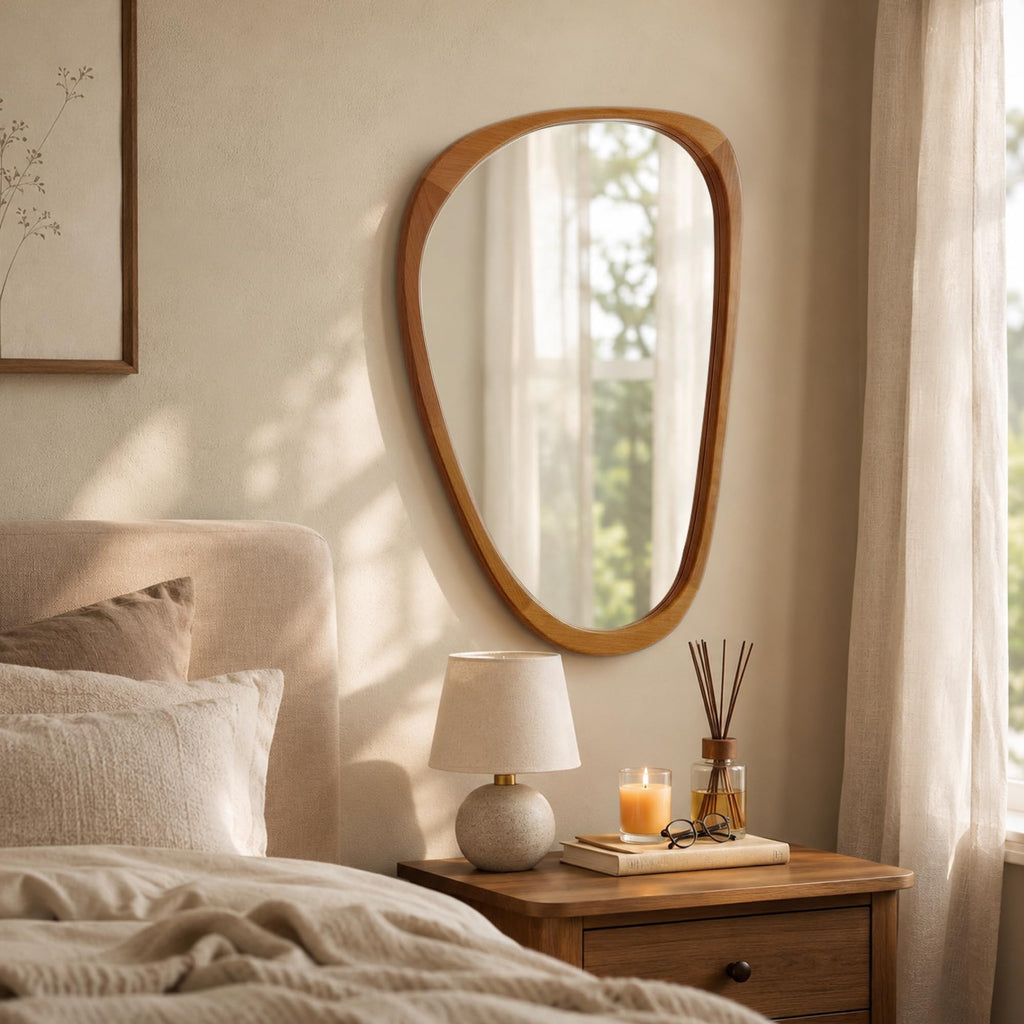 20x30 Inch Warm Walnut Asymmetrical Wood Wall Mirror