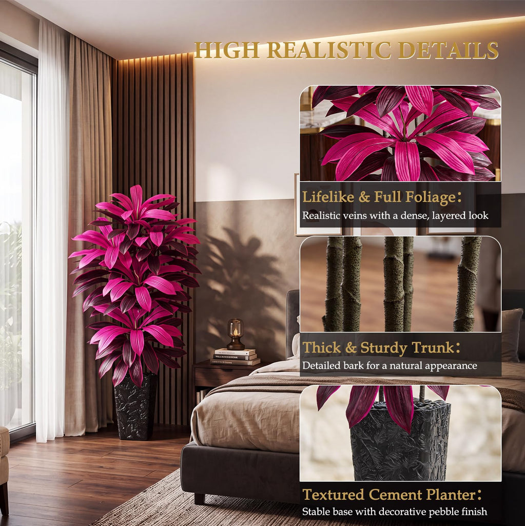 Artificial Dracaena Tree Purple Red, 6FT Tall Plant Black Planter