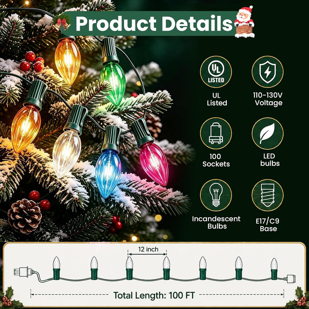 100FT C9 Light Strand, Christmas Stringer with 100 Sockets(E17/C9) for Outdoor String Lights, Connectable Christmas
