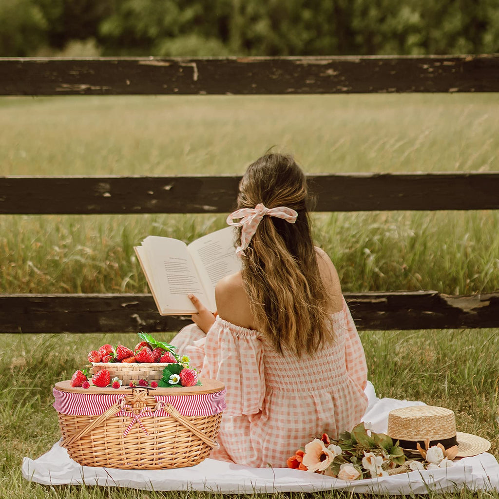 Wicker Picnic Basket with Liner, Wooden Split Lid Picnic Basket, Red
