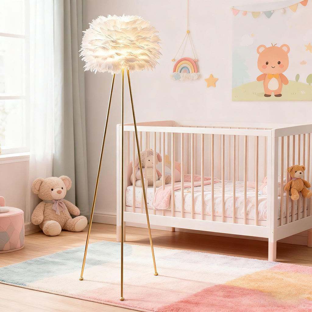 60" Feather Floor Lamp, Tripod Floor Lamp with White Feather Shade, Modern Brass Gold Standing Light s Dining Room