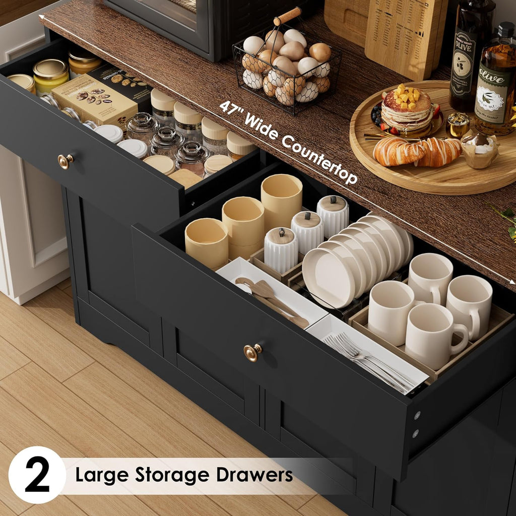 71" LED Kitchen Pantry Cabinet with Power Outlet, Tall Hutch, Black | Coffee bar Hutch Cabinet with 2 Storage