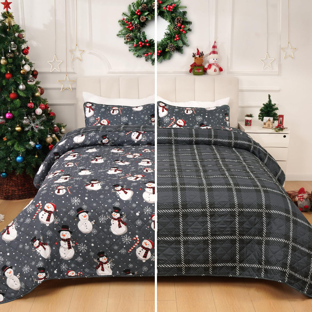 Christmas Quilt Set Queen Size 3 Piece Snowman Snowflake Bedding Set Reversible Winter Snow Grey Plaid Holiday Quilt