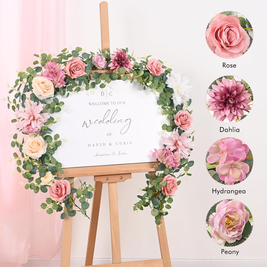 Flower Garland Decorations, 6.07Ft Pink Floral Rose Garland, Artificial Eucalyptus Greenery Vines with Flowers