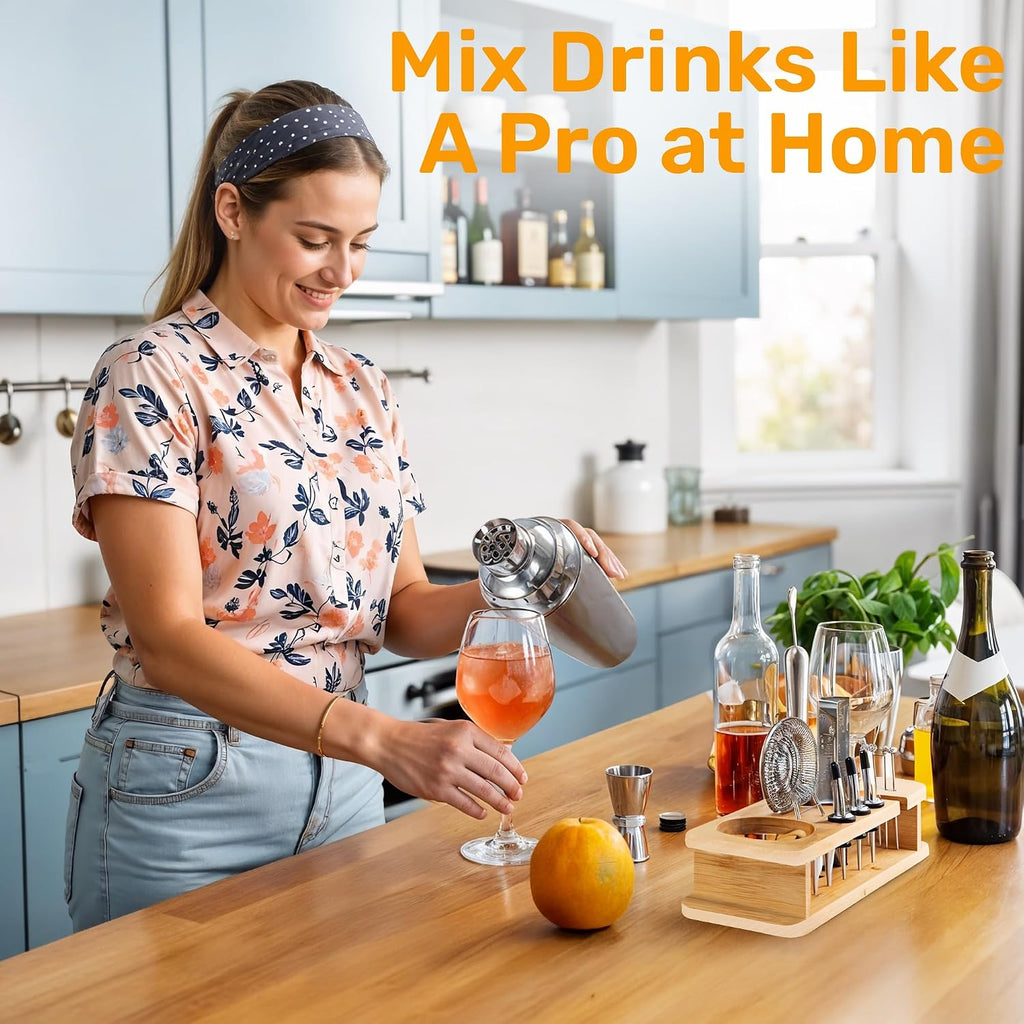 Bartender Kit with Bamboo Stand | Cocktail Shaker Set Essential Bar Tools Wine Shaker Ice Filter Mixing - Set of 16