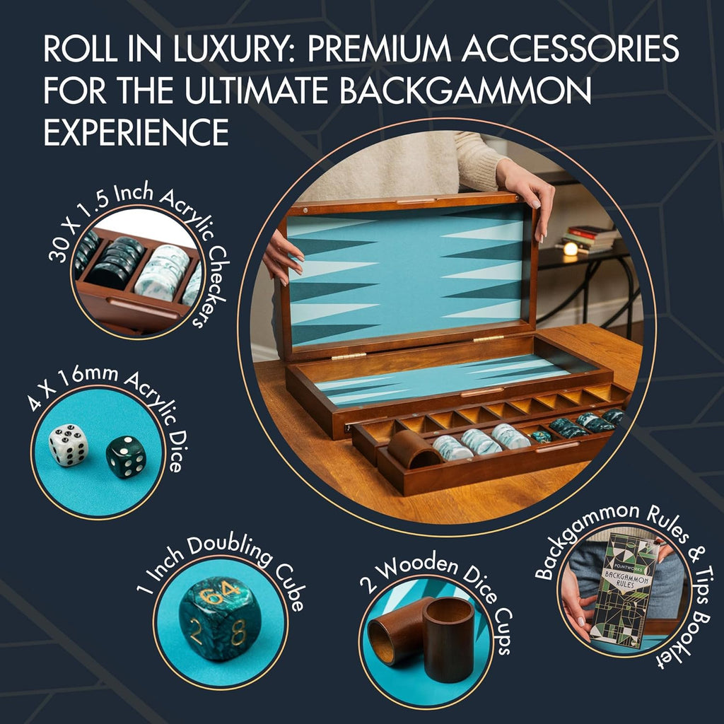 20 Inch Large Backgammon Sets for Adults, Green Backgammon Board, Solid Wood. Removable Accessory Tray, Premium 1.5
