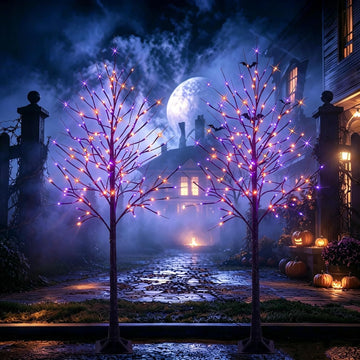 FT Halloween Lighted Black Birch Tree, Total 288 LED Purple and Orange Spooky Tree with Timer, Waterproof - Set of 2