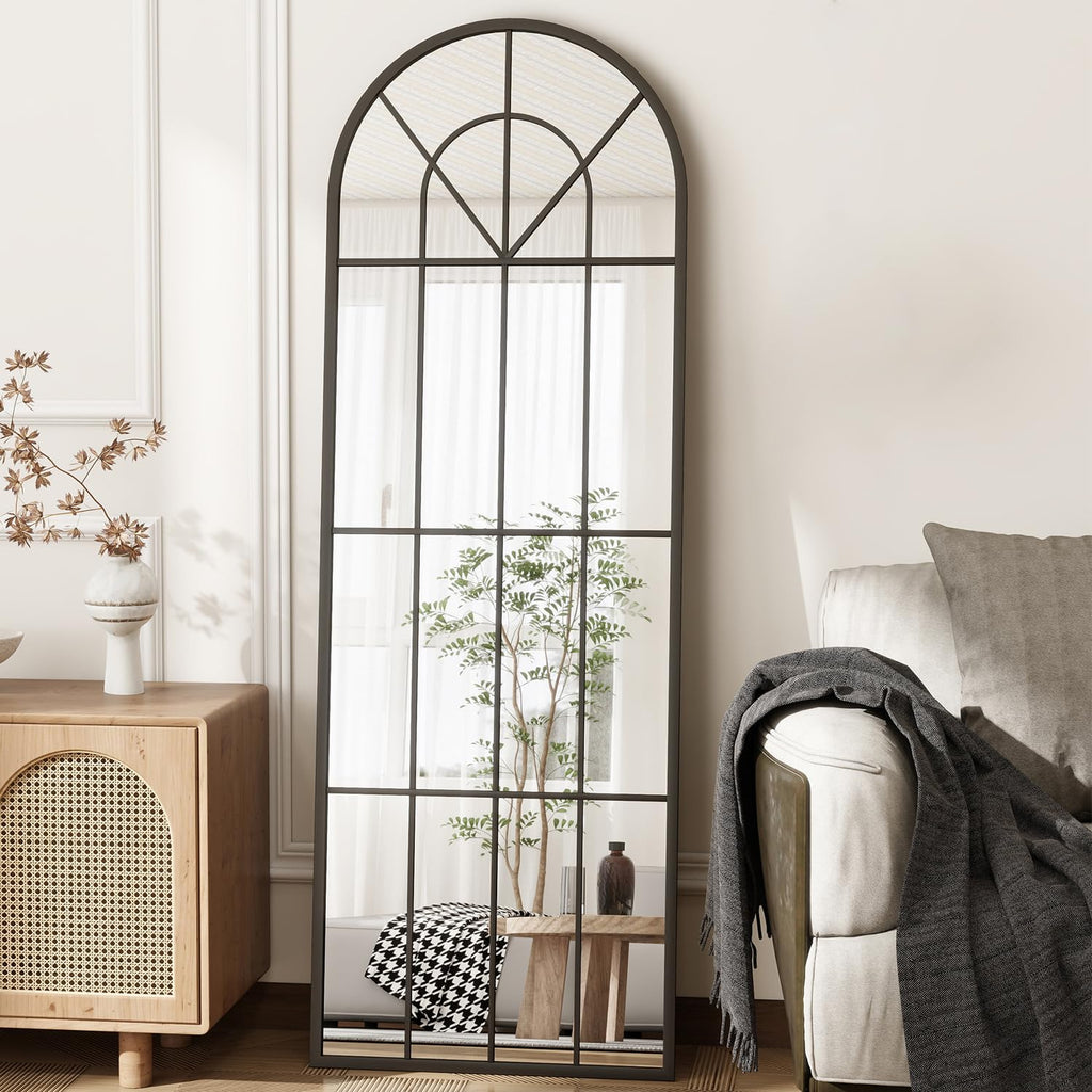 Full Length Mirror, 65×22" Black Arch Windowpane Body Wall Mirror