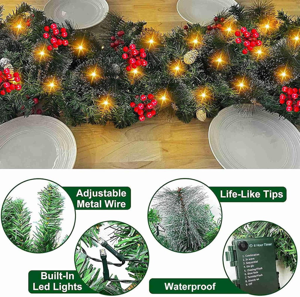 Timer 8 Modes - 9 Ft by 10 Inch Prelit Christmas Garland with 50 Warm Lights Thick 270 Snowy Bristle Pine 10 Pinecone