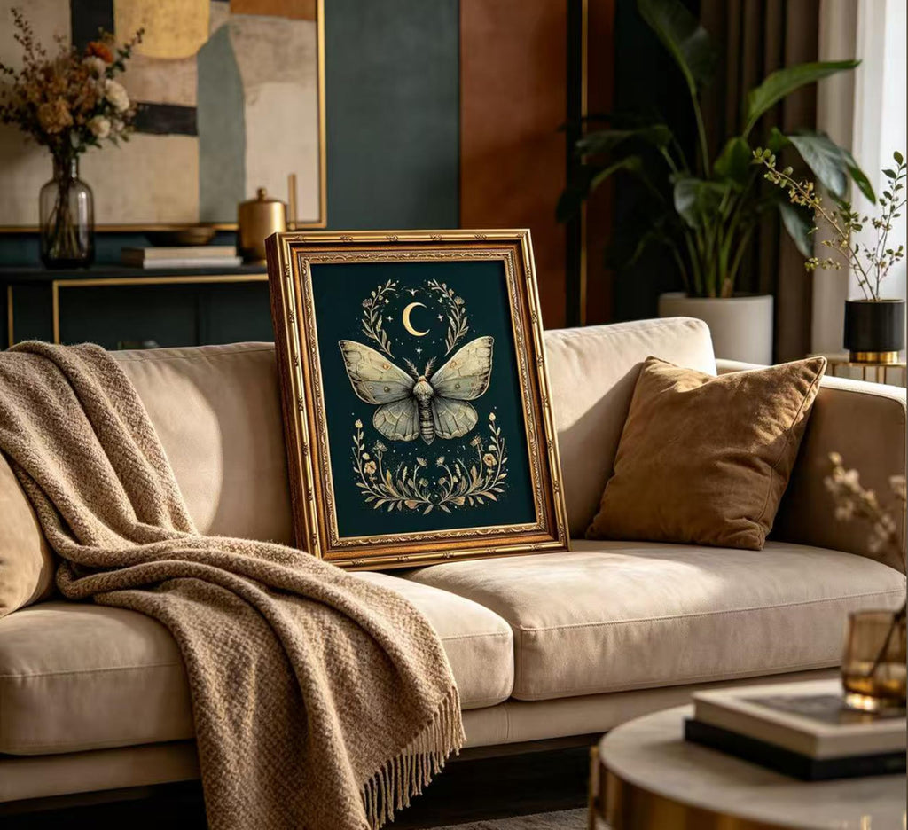 Vintage Gold Framed Celestial Moth Crescent Moon Wall Art Gothic Moody Ethereal Butterfly Picture Wall Decor Dark