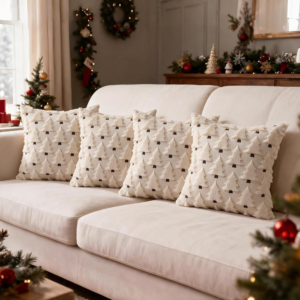 Christmas Throw Pillow Covers 18x18 inch, Beige Xmas Tree Holiday Winter Living Room Soft Fluffy Plush Faux - Set of 4