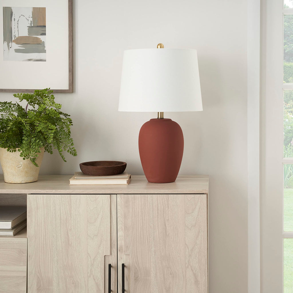 Home 23" Rust Orange Ceramic Pot Table Lamp, Dining Office, with White Tapered Drum Shade