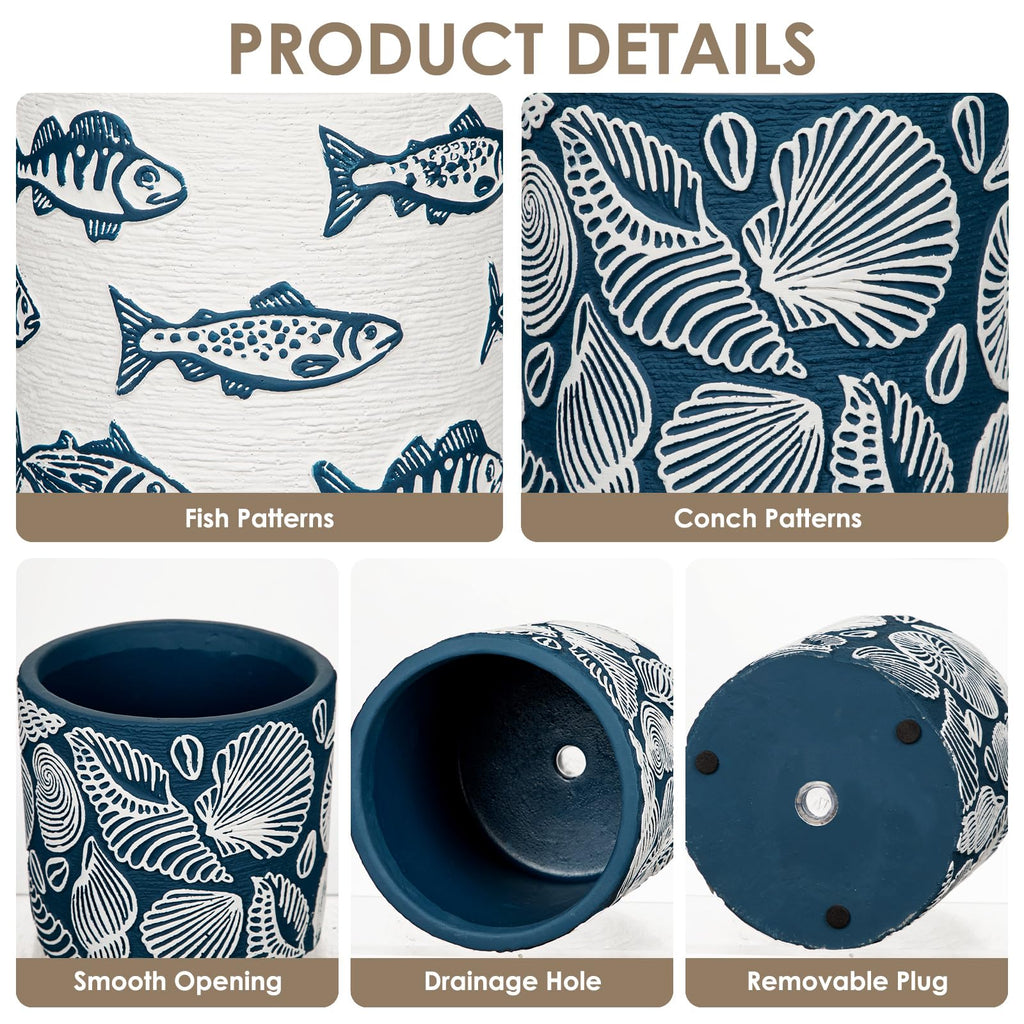 Ceramic Plant Pots, 5.5 Inch Planter Pot with Drainage Hole, Shell Fish Patterns Ceramic Planters Flower Pot for