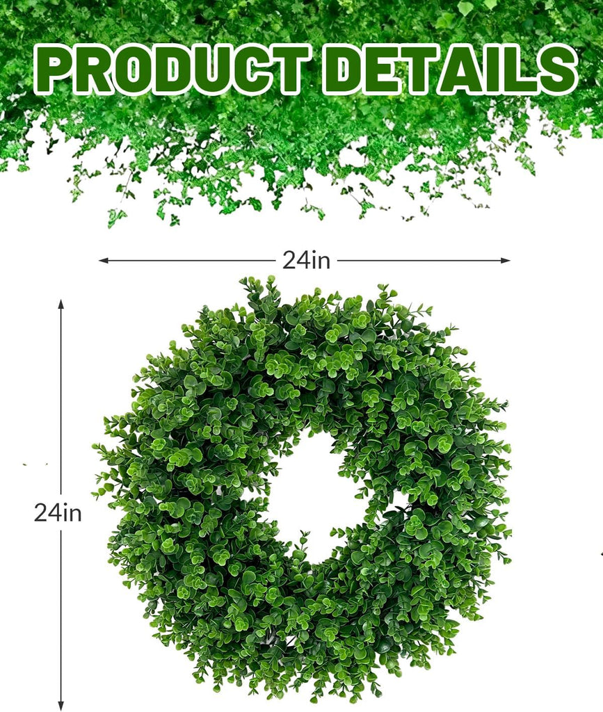 24" Artificial Boxwood Wreaths for Front Door, Aux Round Boxwood Wreath, All Season Indoor Outdoor Decoration - Set of 2