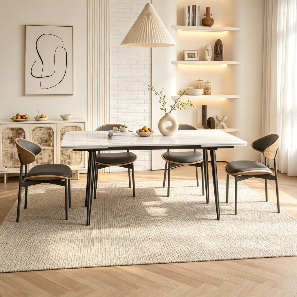 Modern Extendable White Stone Dining Table for 8-10 People, 62.9"-94.4" Rectangular Kitchen Table with Black Metal