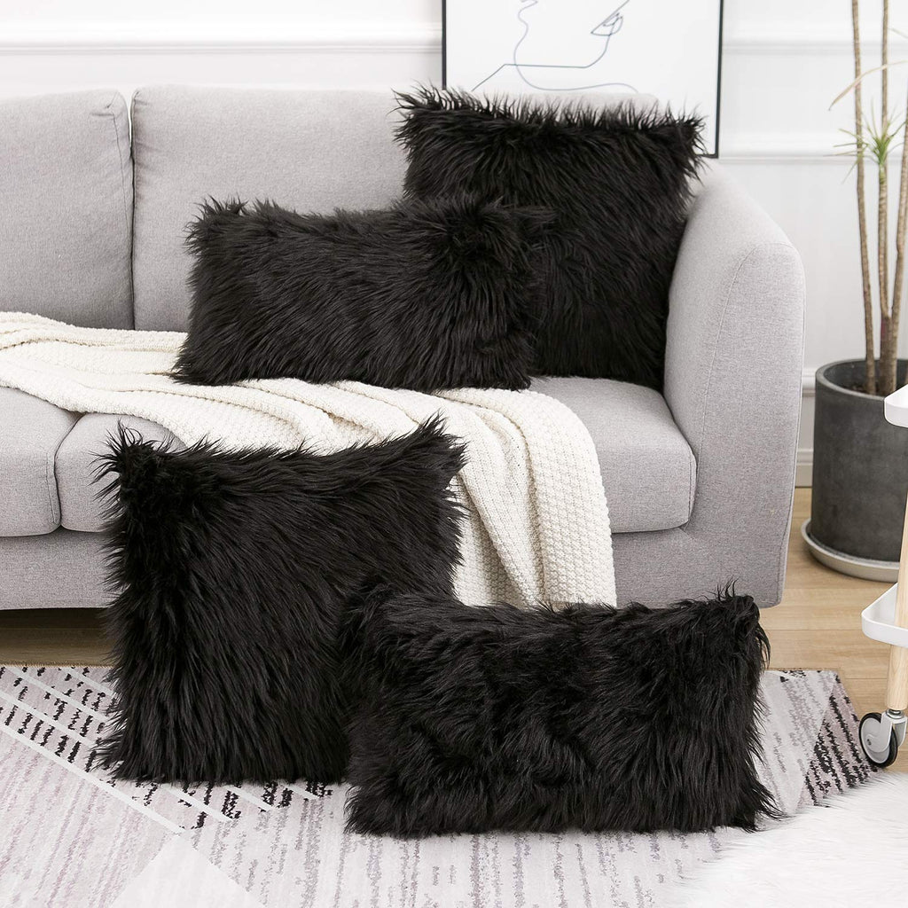 Halloween Black Faux Fur Throw Pillow Covers 16x16 Inch Set of 2