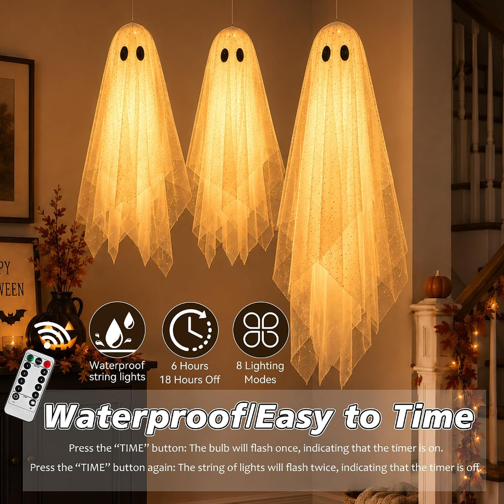 Halloween Decorations outdoor/indoor- Hanging Ghost Decor with Light,Halloween Ornaments,Hallowee n Decor - Set of 3