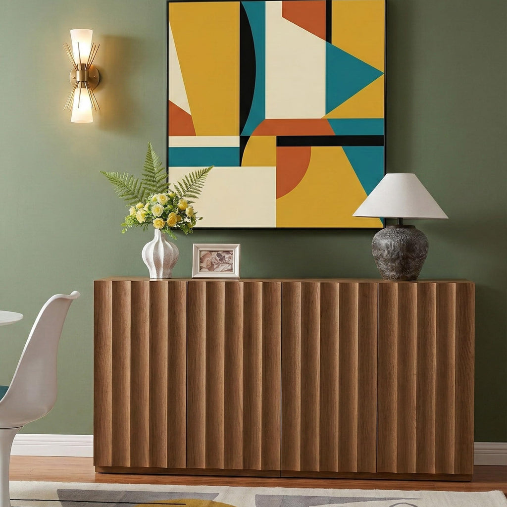 Sideboard Cabinet, 31.37" Buffet Fluted Cabinet, Amber Oak
