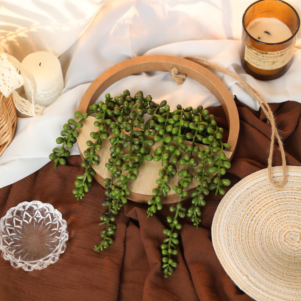 2pcs Artificial Succulents Hanging Plants 20.1'' Fake String of Pearls in Pot with 9.4'' Lanyard for Indoor Outdoor