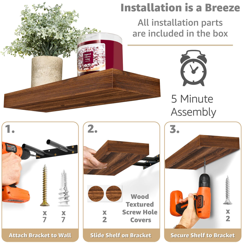 16 Inch Floating Shelves for Wall (2 Pack, Walnut)