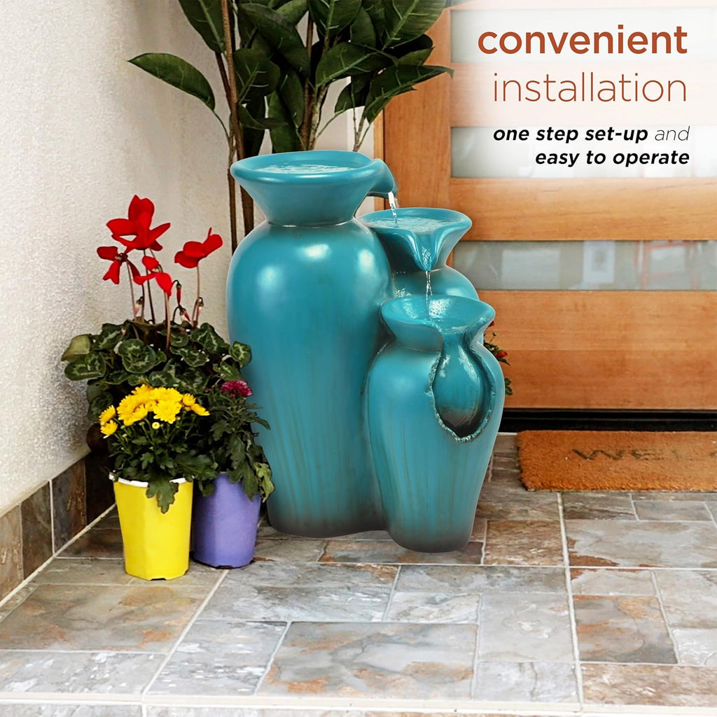 21" Outdoor 3-Tiered Pots Water Fountain - Cascading Ceramic Water Feature with Built-In Pump for Gardens, Patios