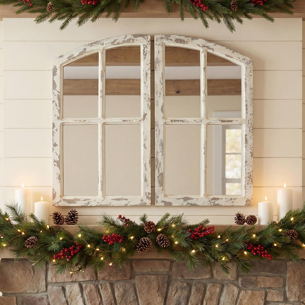 Farmhouse Mirror, Decoration Wood Arch Window Wall Mounted Mirror