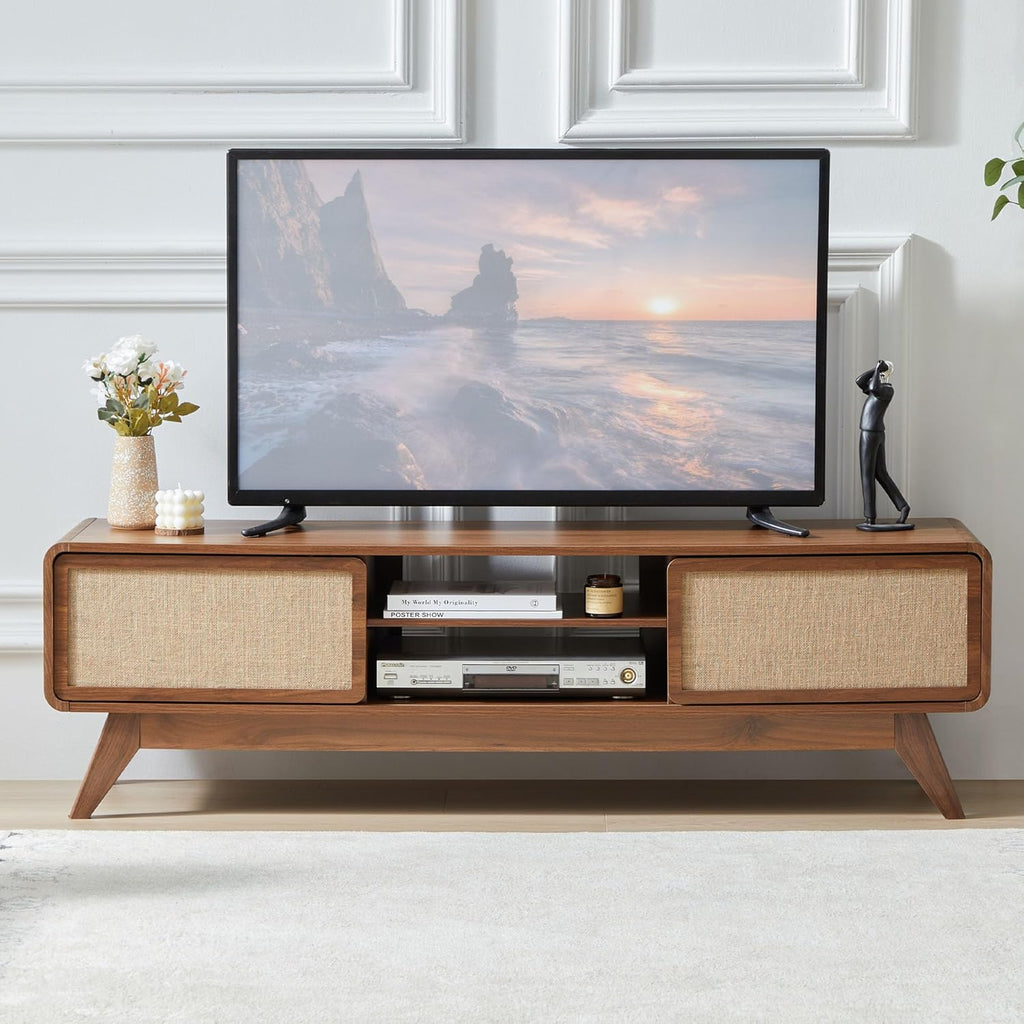 Mid Century Modern TV Stand for TVs up to 65'', Farmhouse Entertainment Center with Storage, TV Cabinet Table with
