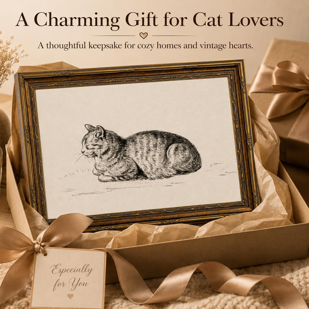 Vintage Gold Framed Cat Sketch Canvas Wall Art 16x24 Inch