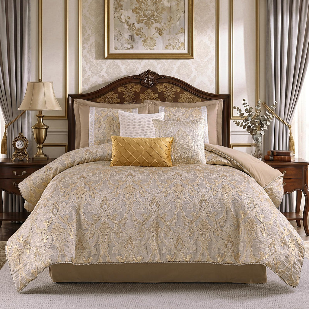 Beige Gold Comforter Set, Luxury 7PC Jacquard Bedding