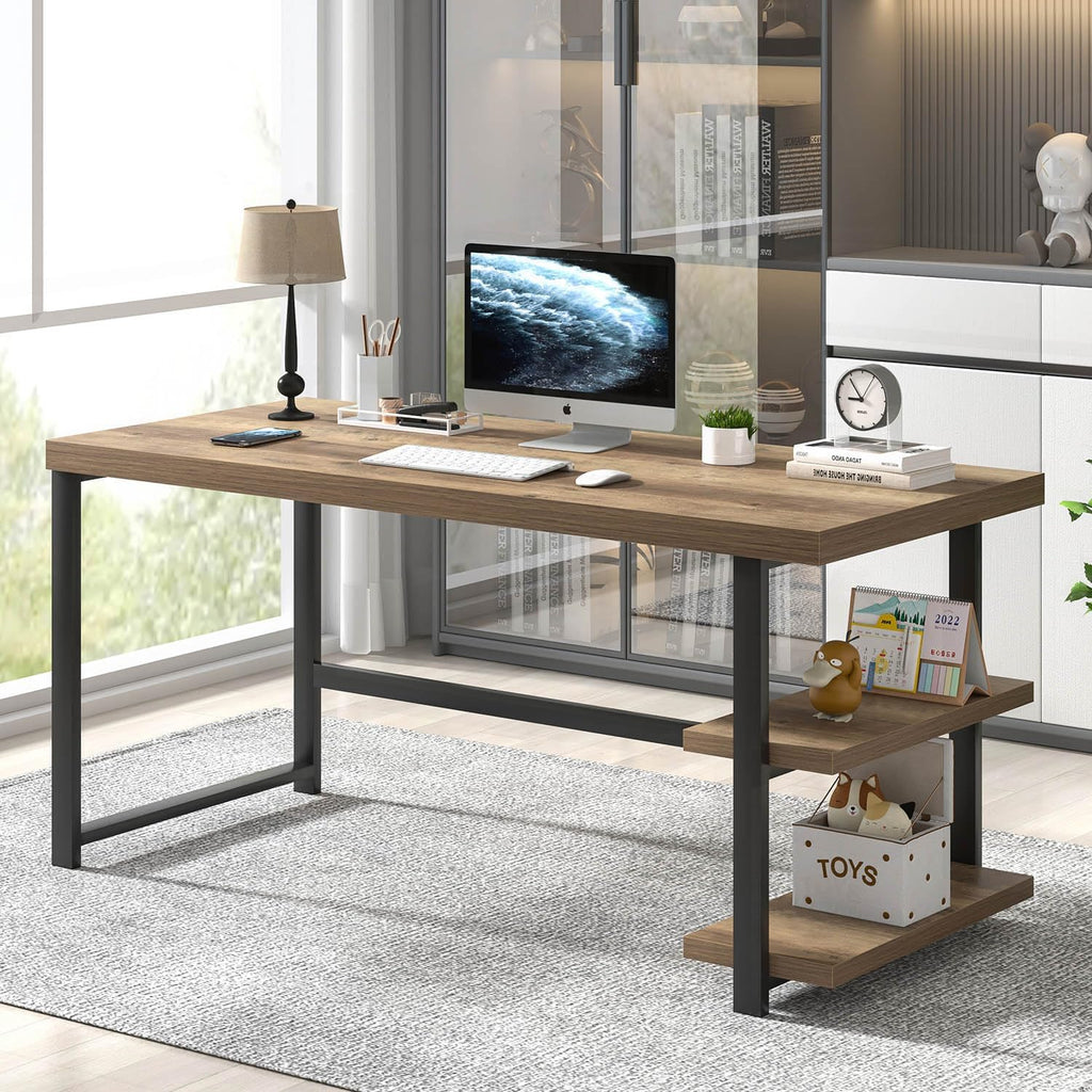 60 Inch Home Office Desk, Large Computer Desk with Storage Shelves, Modern Wood and Metal Writing Study Gaming Table