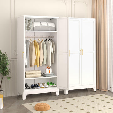 71" White Metal Armoire Wardrobe Closet, Tall Clothing Storage Cabinet