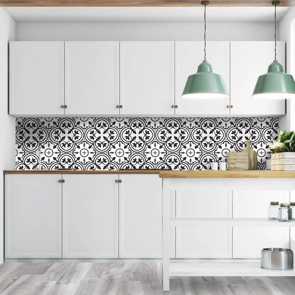 Noir Vine 8" x 8" Black and White Matte Porcelain Tile for Floor and Wall, Spanish Decorative Pattern, Indoor Outdoor