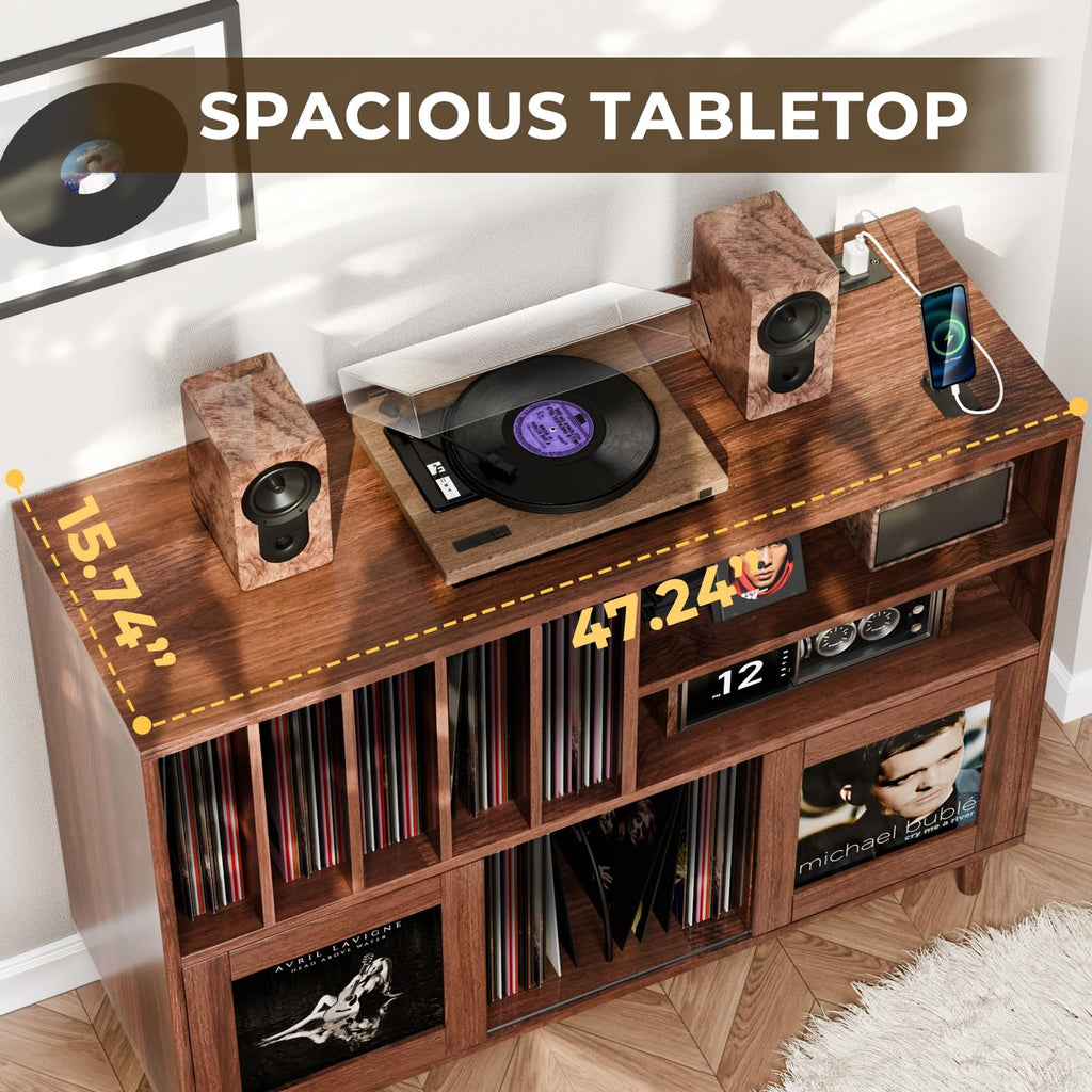 XL Record Player Stand with Sliding Doors, 500+ Vinyl Record Storage Cabinet