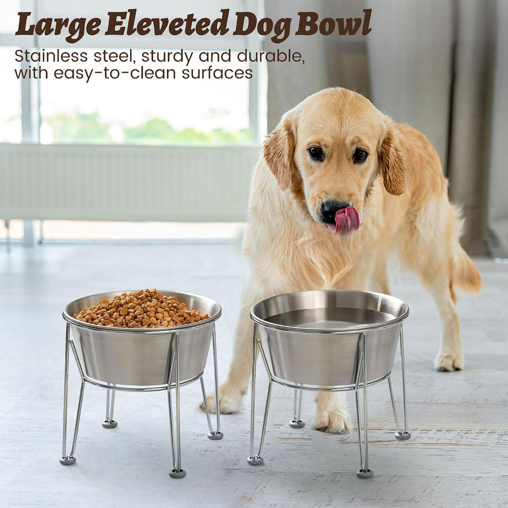Elevated Dog Bowls for Large & Medium Dogs - Stainless Steel 64oz/8 Cup Raised Feeder with Non-Slip Base, Dual Food &