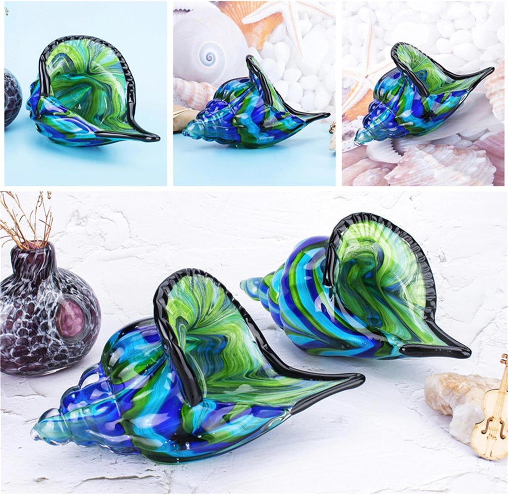 8" Glass Conch Figurines, Hand Blown Seashell Art Glass Sculpture