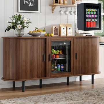 Coffee Bar with Fridge Included, Wine Cabinet with Storage, Walnut