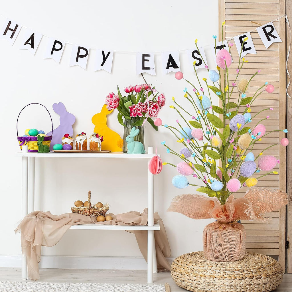 17'' Easter Egg Table Tree Easter Decorations with Artificial Eggs Greenery Leaves Berries Artificial Tree Decor