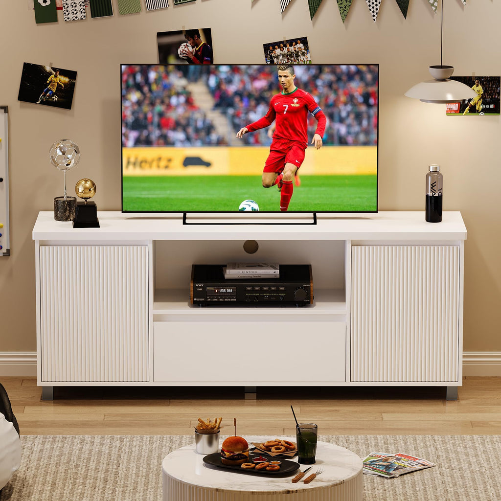 63in TV Stand for TVs Up to 70", Fluted Entertainment Center with Storage Drawer and Open Shelves, Modern TV Console