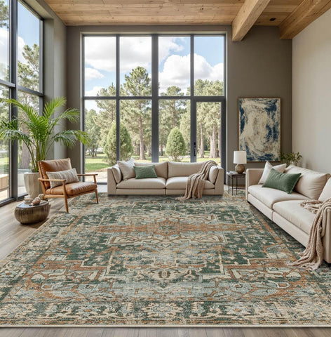 9x12 Area Rug for Living Room Bedroom, Extra Large Washable Rug, Green Vintage Retro Boho Rug, Non S