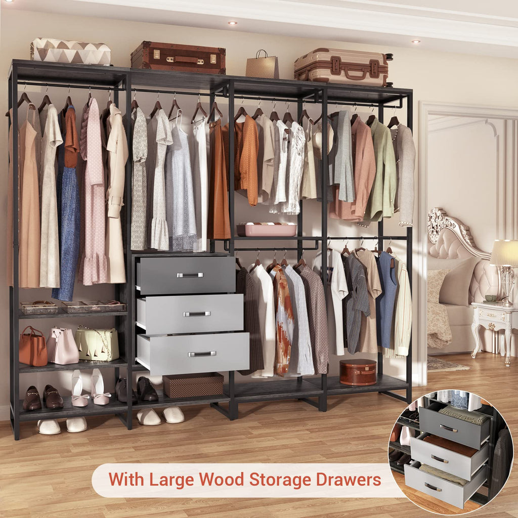 Wood Clothes Rack Wardrobe Organizer for Hanging Clothes, Heavy Duty Garment Rack, Large Corner L Shaped Closet