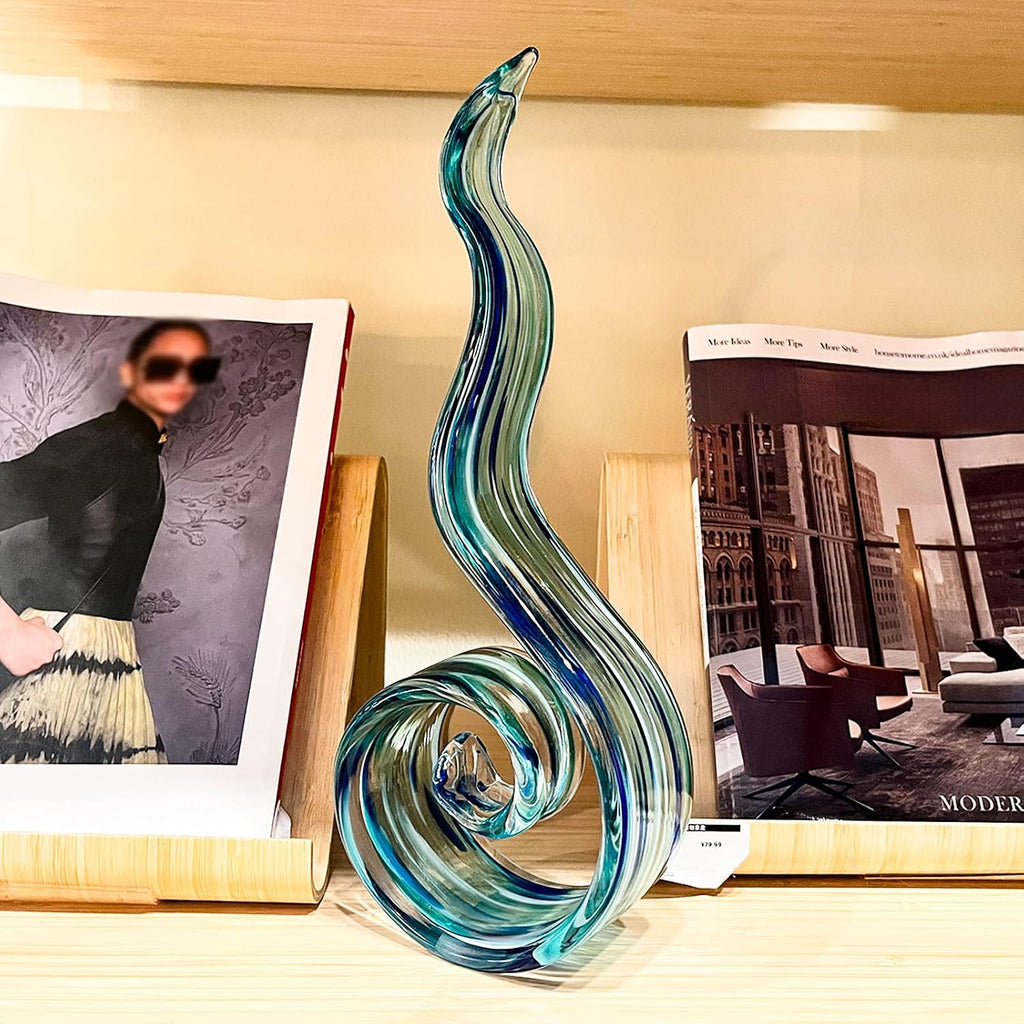 11.4" Tall Hand Blown Glass Sculpture, Murano Style Art , Modern Coastal Home Decor Accent for Shelf