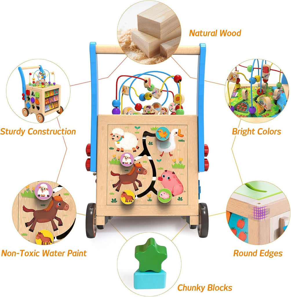 In-1 Wooden Activity Cube Walker for 1 Year Old, Sit-to-Stand Push Walker