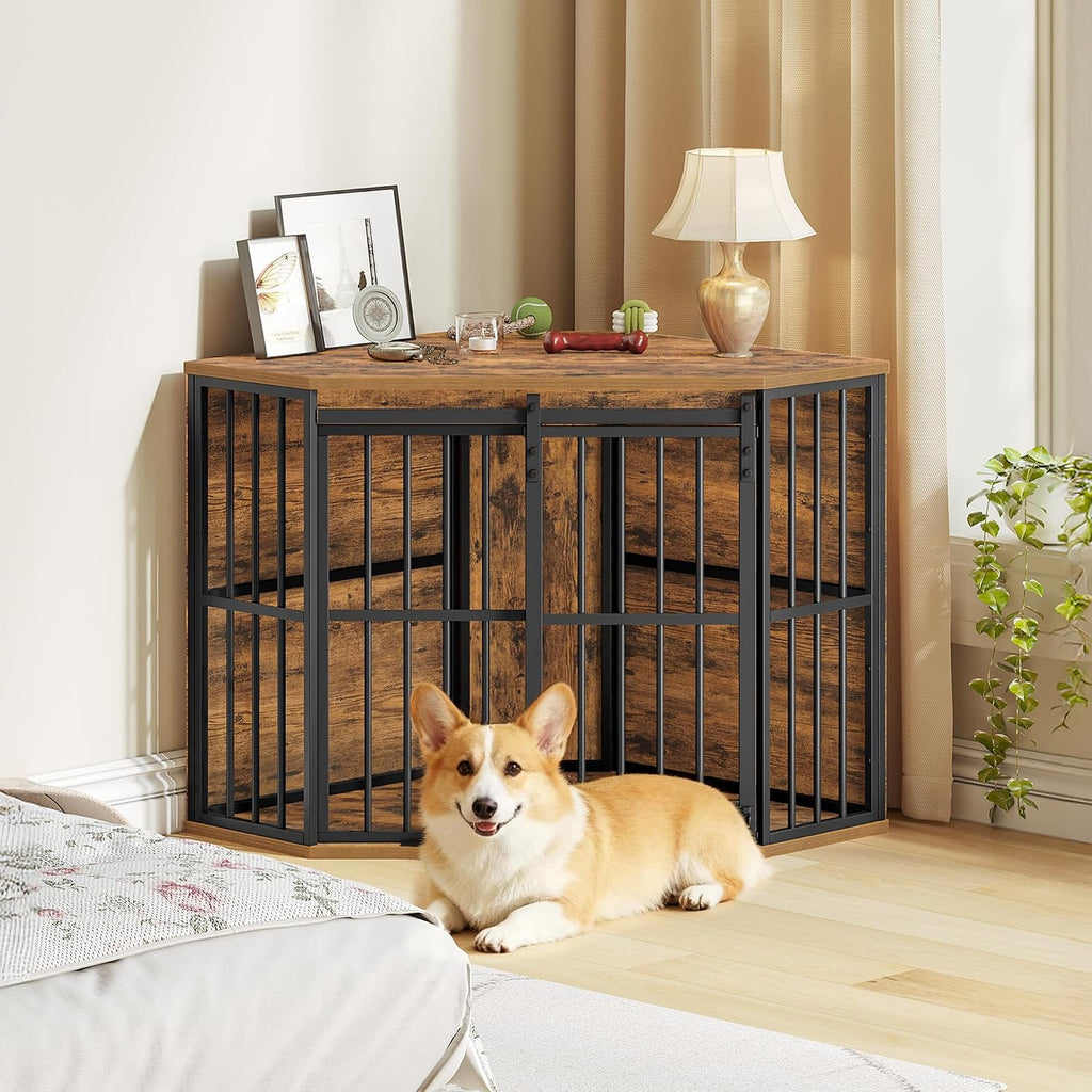 Corner Dog Crate Furniture Wooden Dog Kennel Indoor with Barn Door