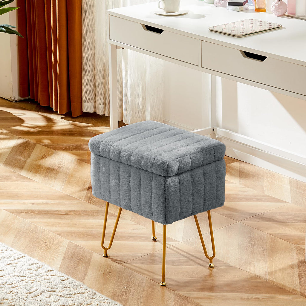 Vanity Stool Chair with Storage, 18.9"H x 16"L x 12.2"W Ottoman Chair Faux Fur Soft Padded Makeup Footstools Seat