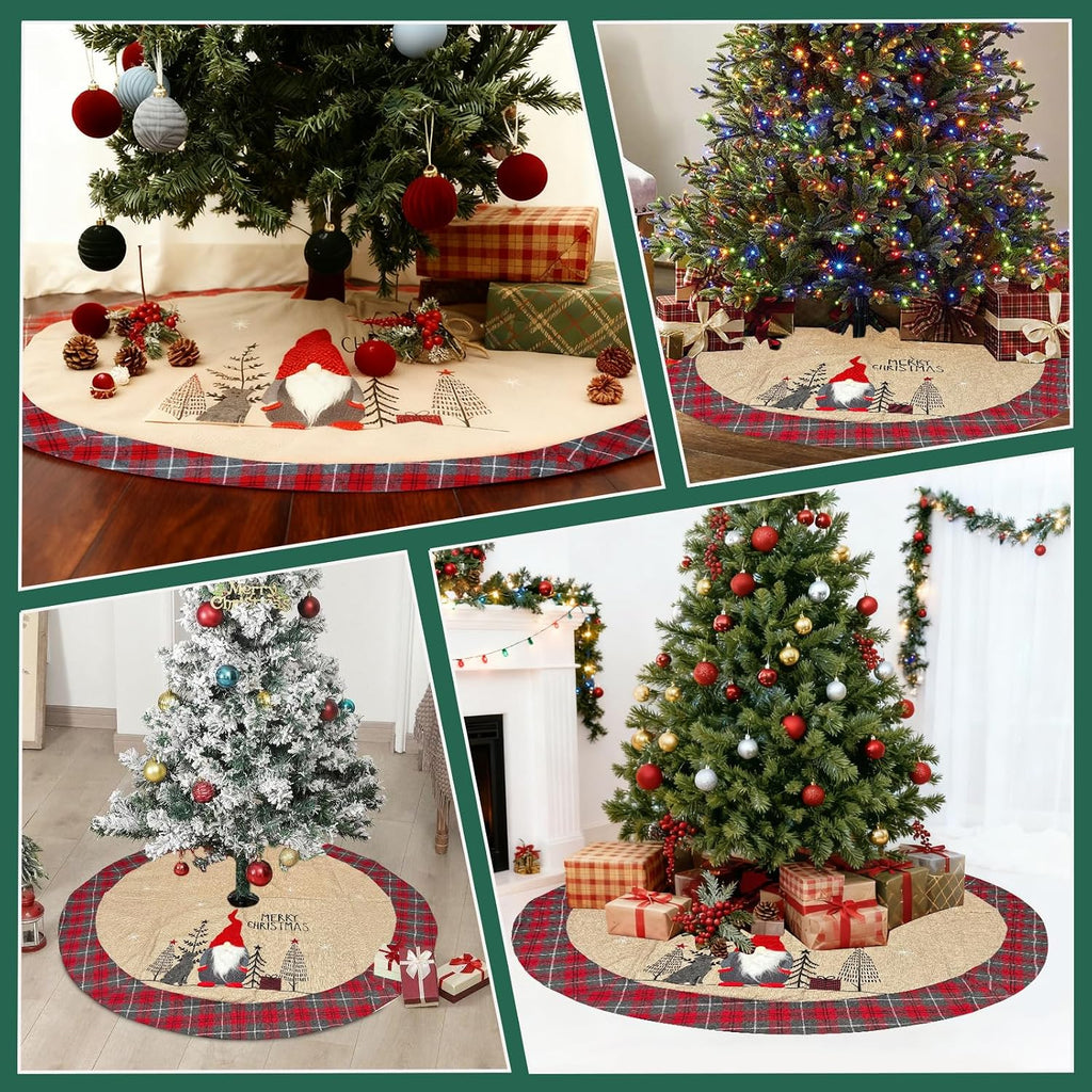 Large Christmas Tree Skirt 48 Inch, Vintage Burlap Christmas Tree Skirt with Buffalo Plaid Edges and Stereo Plush