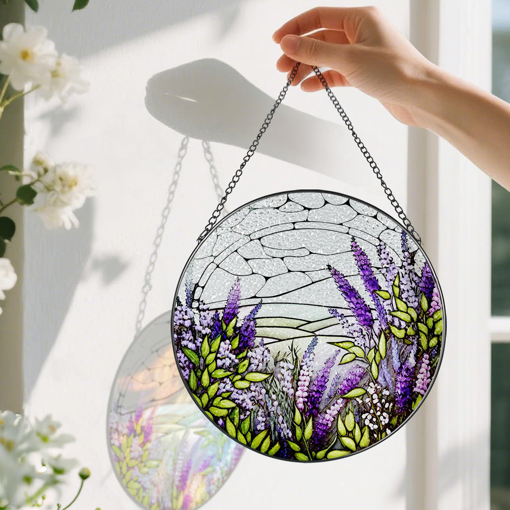Lavender Flower Stained Glass Suncatcher, Stained Glass Window Hanging, 8 Inch Green Plants Suncatcher Decor for